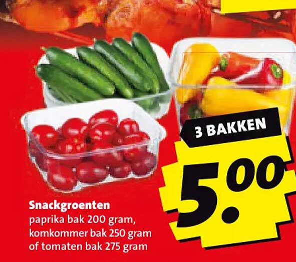 Snackgroenten paprika bak 200 gram, komkommer bak 250 gram of tomaten bak 275 gram 3 bakken