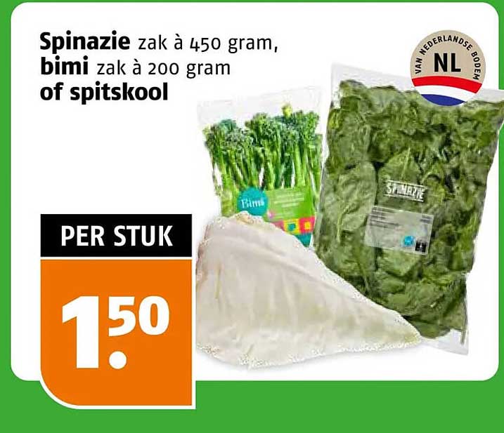 Spinazie zak à 450 gram, bimi zak à 200 gram of spitskool