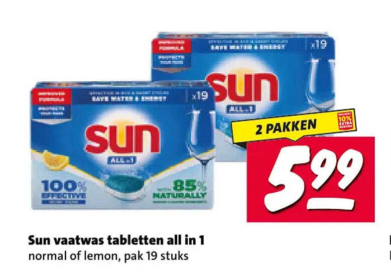 Sun vaatwas tabletten all in 1 normal of lemon, pak 19 stuks 2 pakken