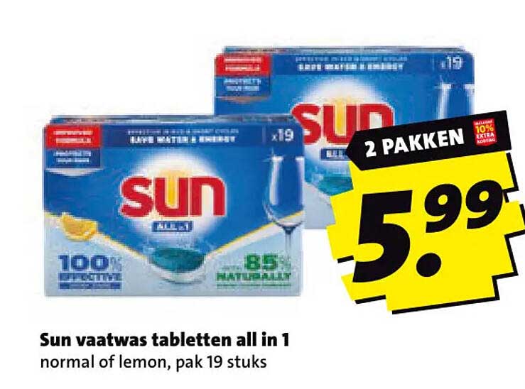 Sun vaatwas tabletten all in 1 normal of lemon, pak 19 stuks 2 PAKKEN