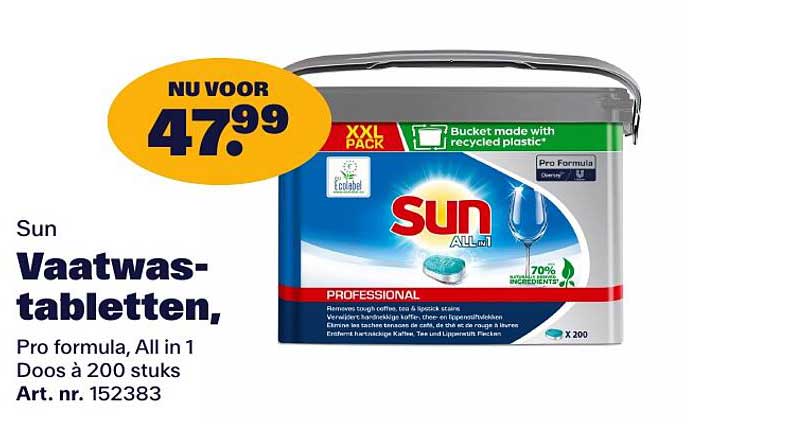 Sun Vaatwastabletten, Pro formula, All in 1 Doos à 200 stuks