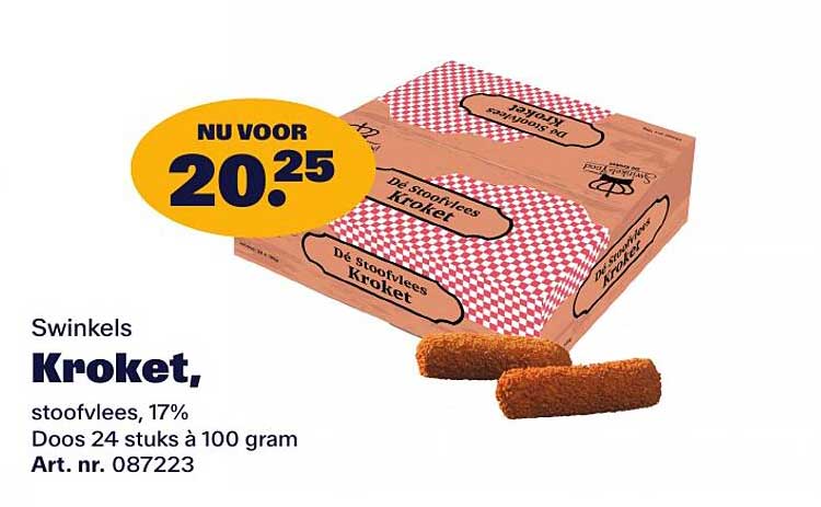 Swinkels Kroket, stoofvlees, 17% Doos 24 stuks à 100 gram Art. nr. 087223