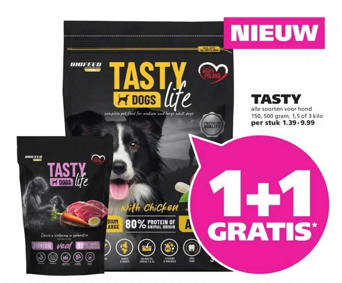 TASTY alle soorten voor hond 150, 500 gram, 1,5 of 3 kilo 1+1 gratis