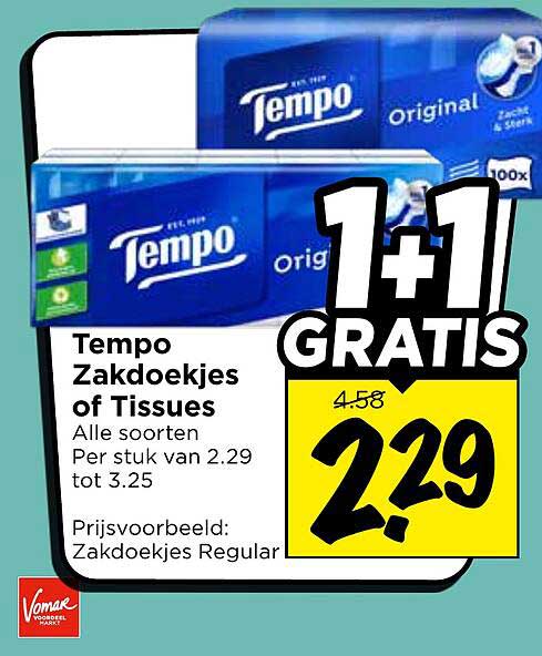 Tempo Zakdoekjes of Tissues 1+1 GRATIS
