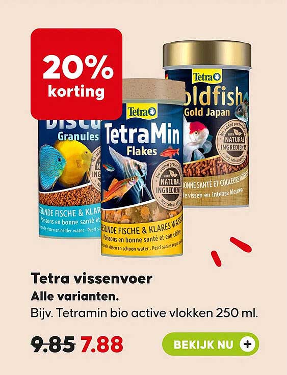Tetra vissenvoer Alle varianten. Bijv. Tetramin bio active vlokken 250 ml. 20% korting