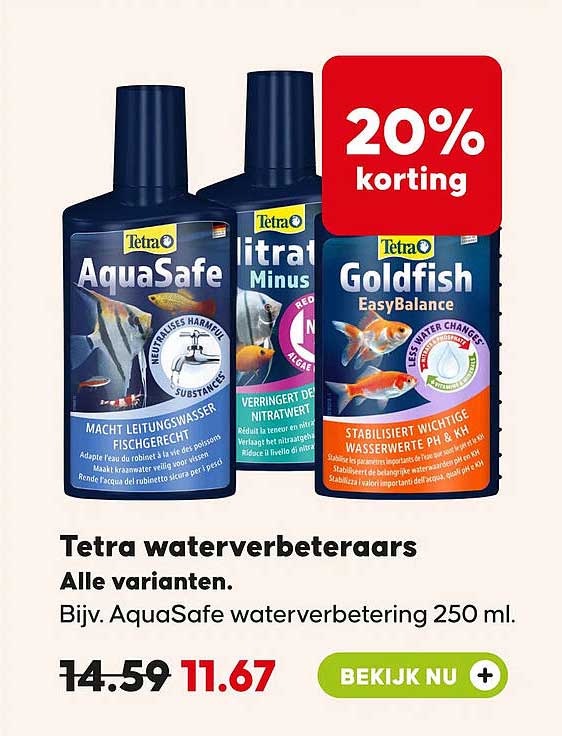 Tetra waterverbeteraars Alle varianten. Bijv. AquaSafe waterverbetering 250 ml. 20% korting