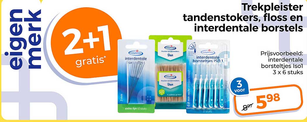 Trekpleister tandenstokers, floss en interdentale borstels 2+1 gratis*