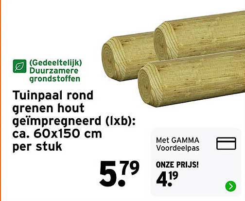 Tuinpaal rond grenen hout geïmpregneerd (lxb): ca. 60x150 cm per stuk