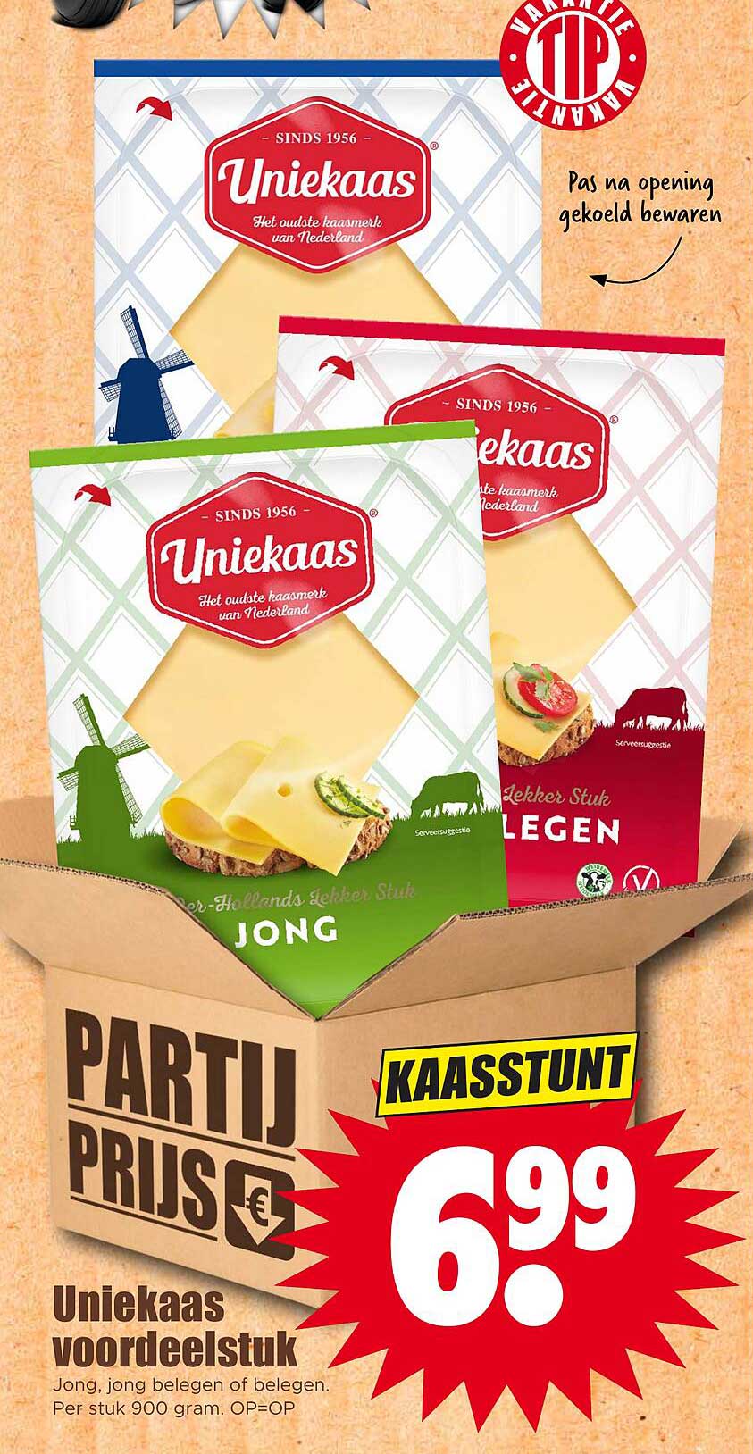 Uniekaas voordeelstuk Jong, jong belegen of belegen. Per stuk 900 gram. OP=OP