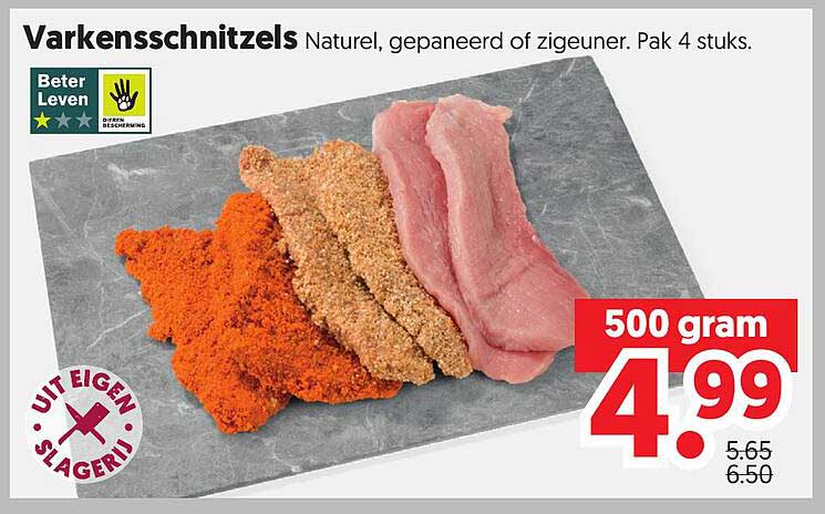 Varkensschnitzels Naturel, gepaneerd of zigeuner. Pak 4 stuks.