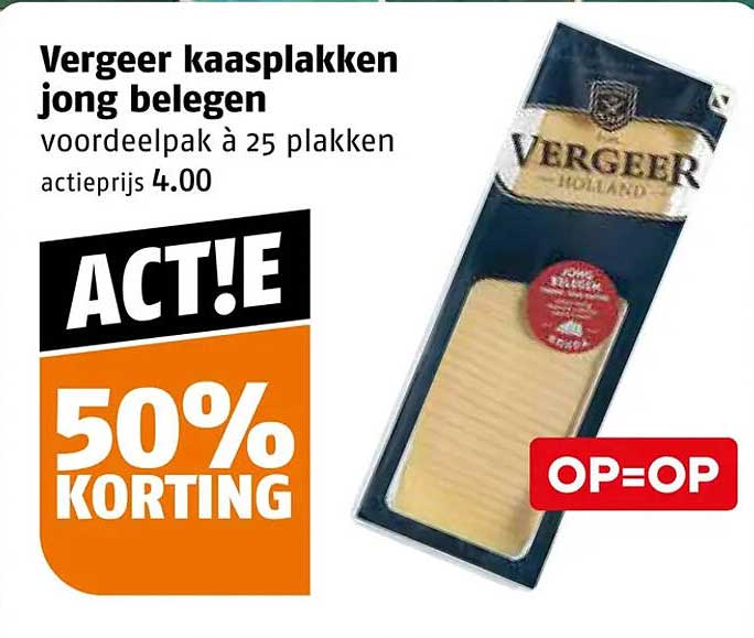 Vergeer kaasplakken jong belegen voordeelpak à 25 plakken 50% korting