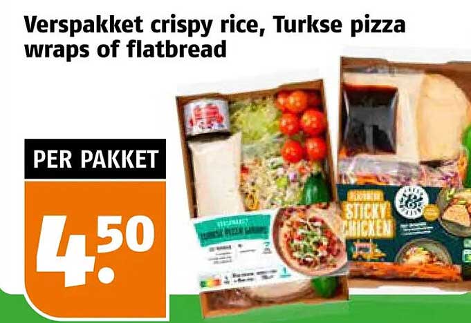 Verspakket crispy rice, Turkse pizza wraps of flatbread