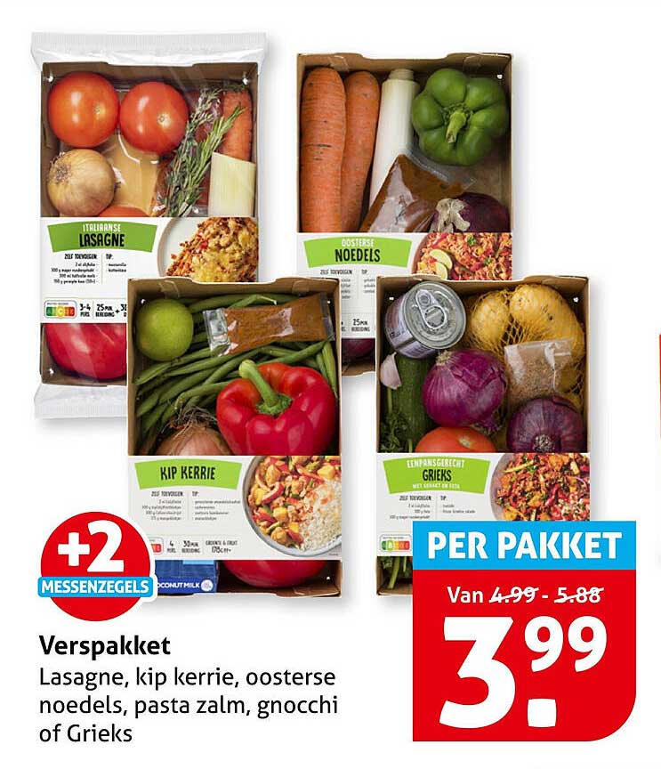 Verspakket Lasagne, kip kerrie, oosterse noedels, pasta zalm, gnocchi of Grieks +2 Messenzegels