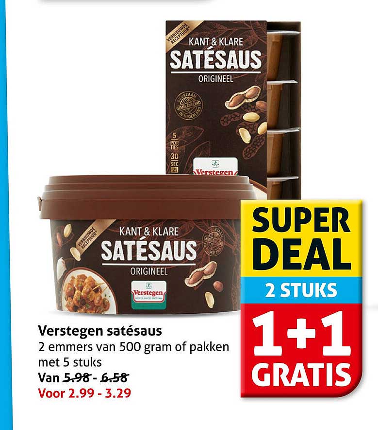 Verstegen satésaus 2 emmers van 500 gram of pakken met 5 stuks 1+1 gratis