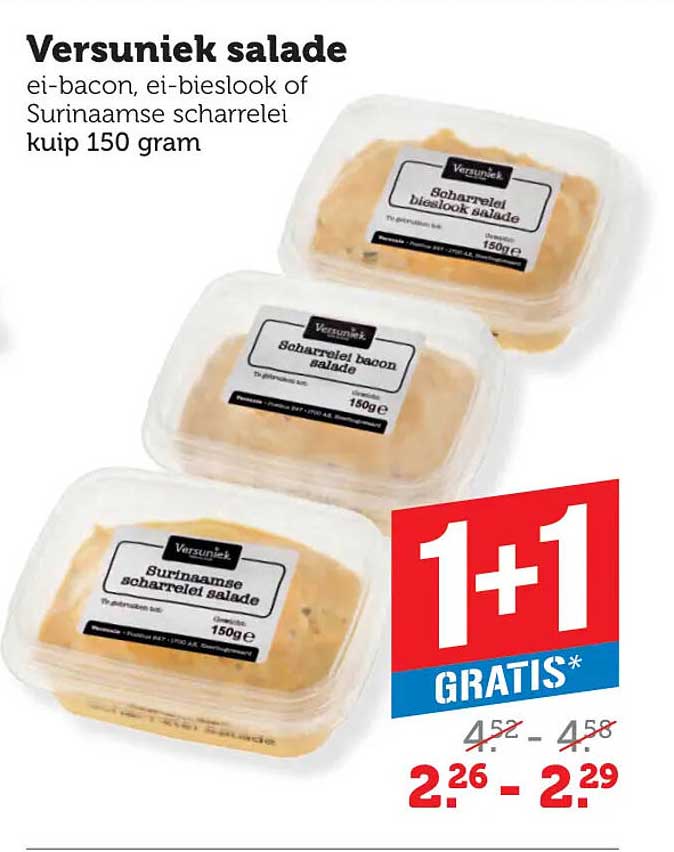 VersunieK salade ei-bacon, ei-bieslook of Surinaamse scharrelei kuip 150 gram 1+1 gratis