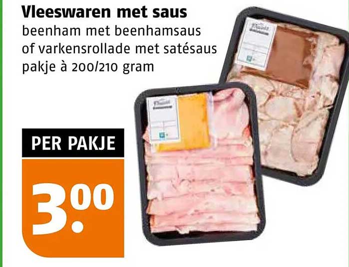 Vleeswaren met saus beenham met beenhamsaus of varkensrollade met satésaus pakje à 200/210 gram