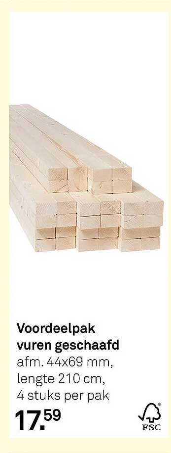 Voordeelpak vuren geschaafd afm. 44x69 mm, lengte 210 cm, 4 stuks per pak