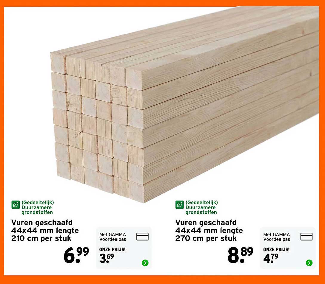 Vuren geschaafd 44x44 mm lengte 210 cm per stuk