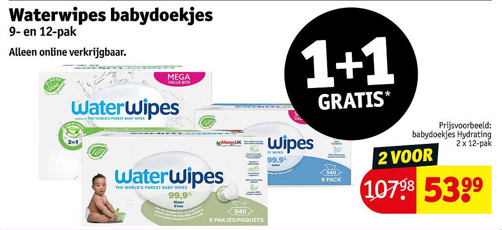 Waterwipes babydoekjes 9- en 12-pak 1+1 gratis