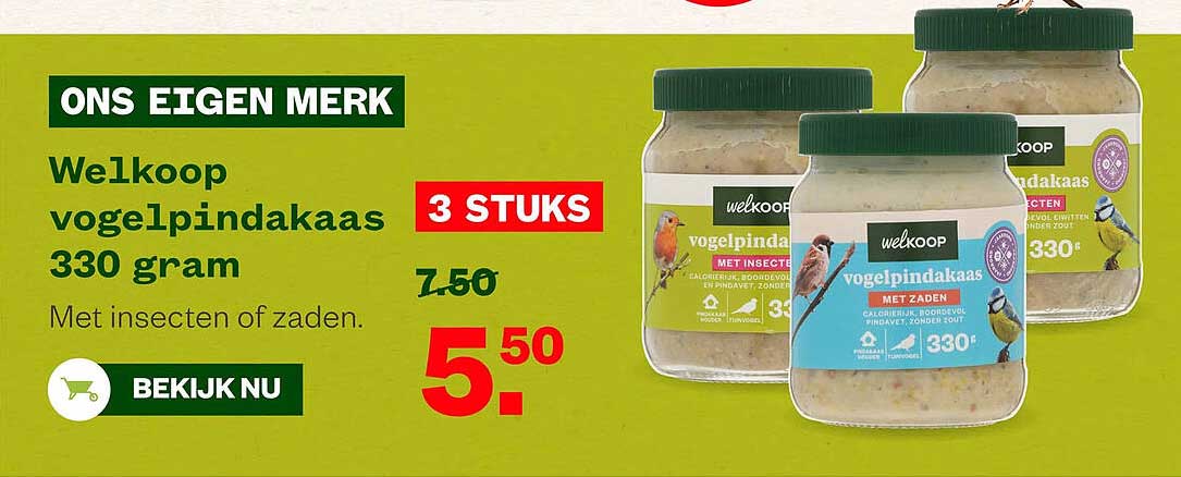Welkoop vogelpindakaas 330 gram 3 STUKS