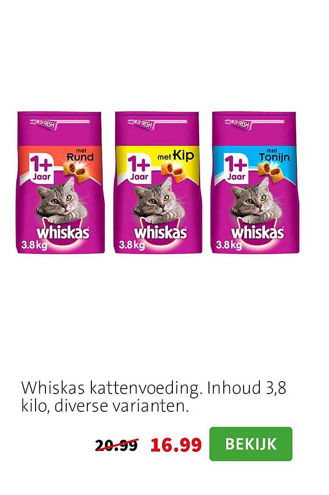 Whiskas kattenvoeding. Inhoud 3,8 kilo, diverse varianten.