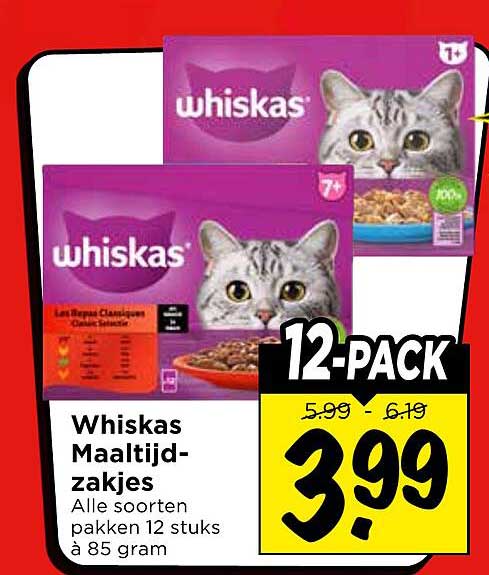Whiskas Maaltijdzakjes Alle soorten pakken 12 stuks à 85 gram