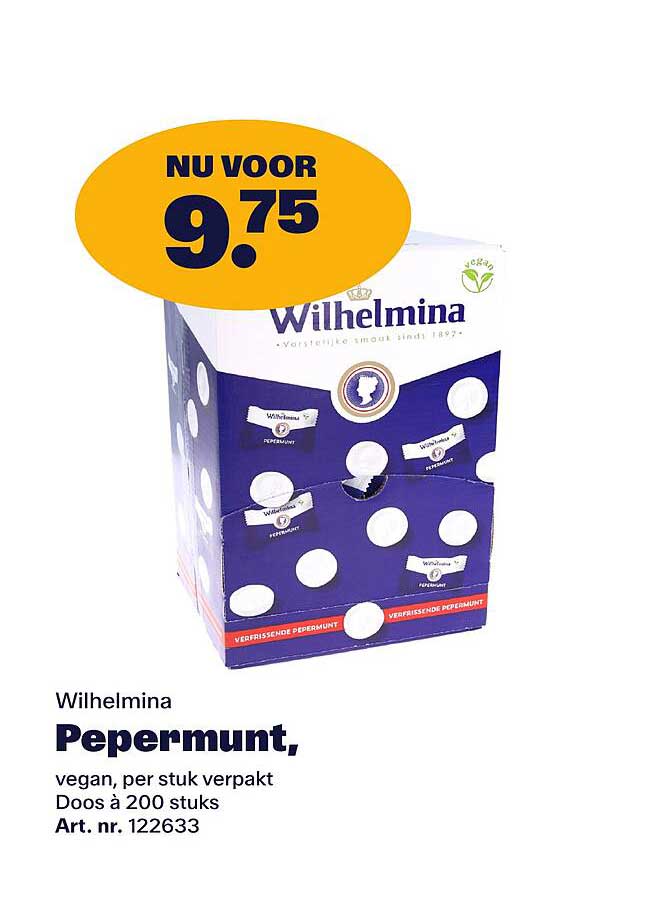 Wilhelmina Pepermunt, vegan, per stuk verpakt Doos à 200 stuks Art. nr. 122633