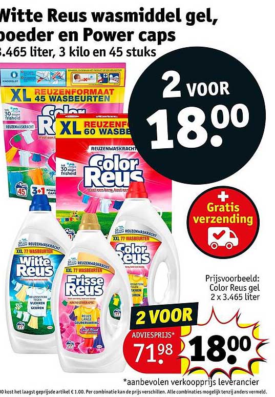 Witte Reus wasmiddel gel, poeder en Power caps 3.465 liter, 3 kilo en 45 stuks 2 voor 18.00
