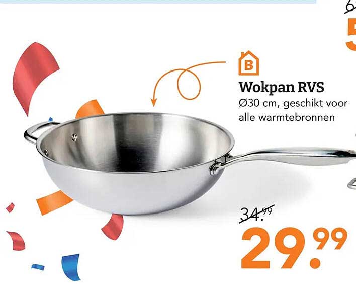 Wokpan RVS Ø30 cm, geschikt voor alle warmtebronnen