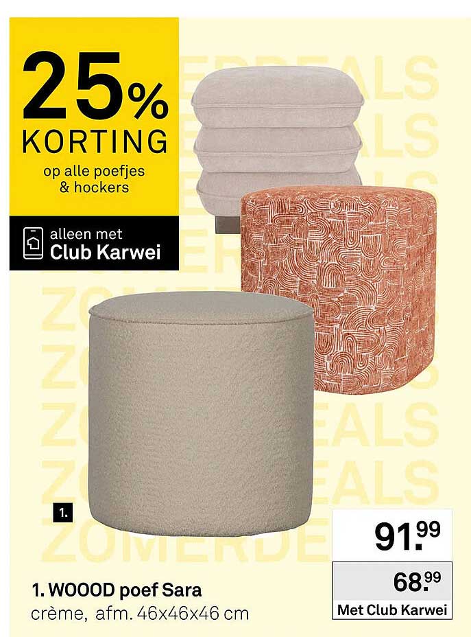 WOOOD poef Sara crème, afm. 46x46x46 cm 25% KORTING