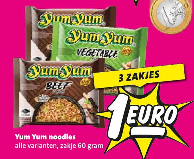 Yum Yum noodles alle varianten, zakje 60 gram 3 zakjes