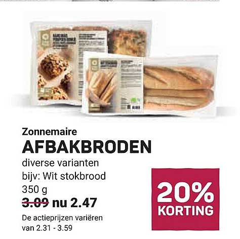Zonnemaire AFBAKBRODEN diverse varianten bijv: Wit stokbrood 350 g 20% KORTING