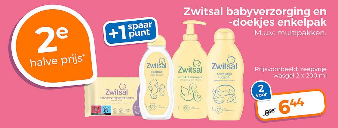 Zwitsal babyverzorging en -doekjes enkelpak 2e halve prijs
