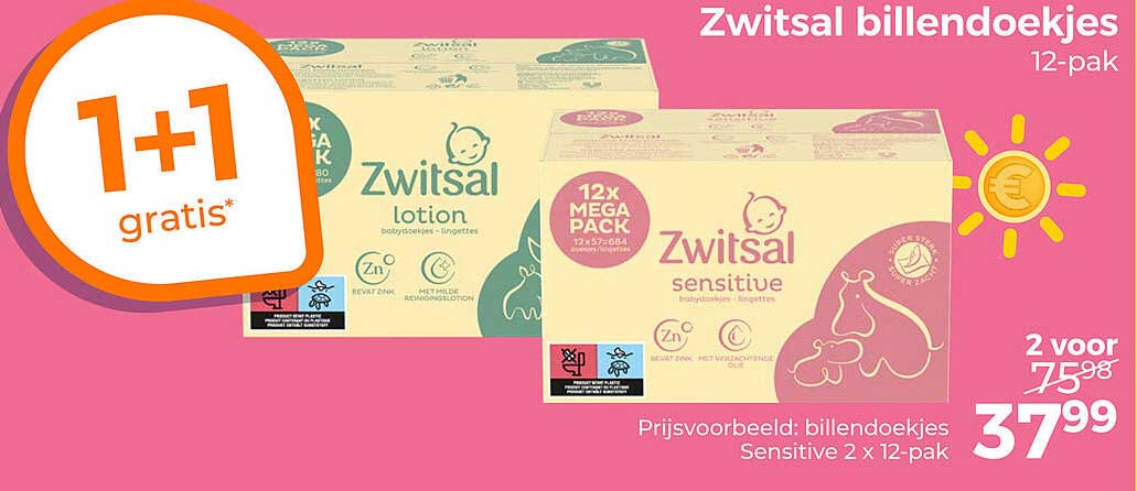 Zwitsal billendoekjes 12-pak 1+1 gratis