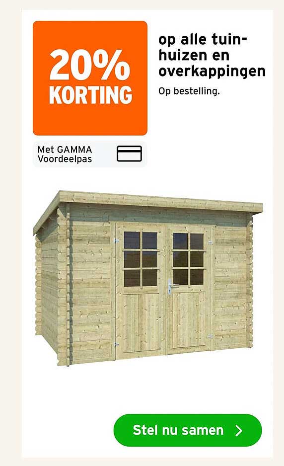 20% korting op alle tuinhuizen en overkappingen