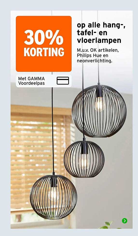 30% KORTING op alle hang-, tafel- en vloerlampen