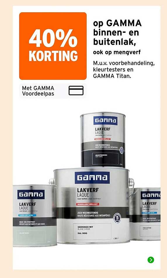 40% KORTING op GAMMA binnen- en buitenlak, ook op mengverf