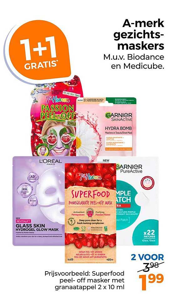 A-merk gezichts-maskers M.u.v. Biodance en Medicube. 1+1 GRATIS