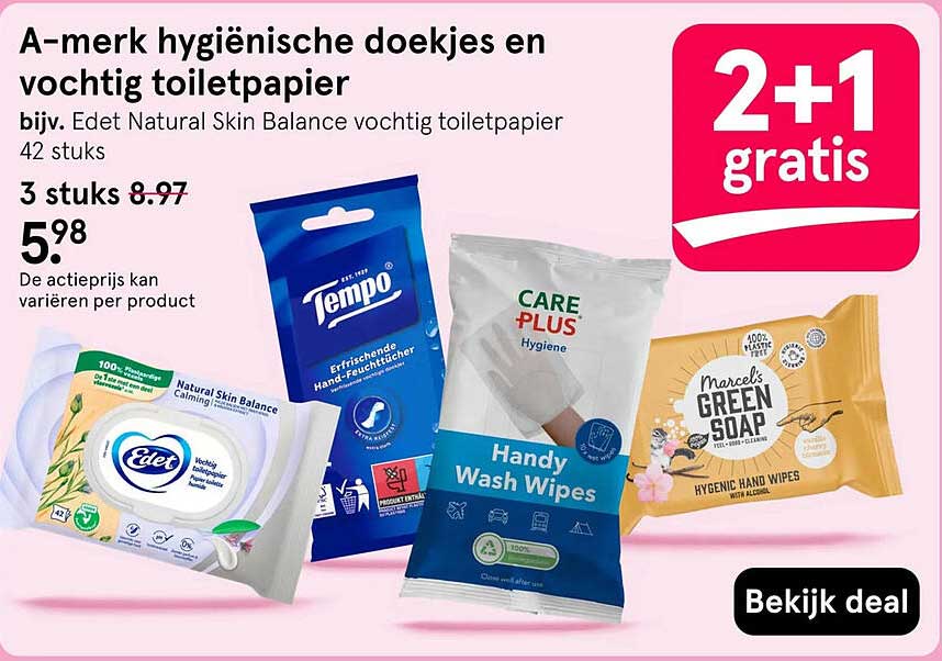 A-merk hygiënische doekjes en vochtig toiletpapier 2+1 gratis