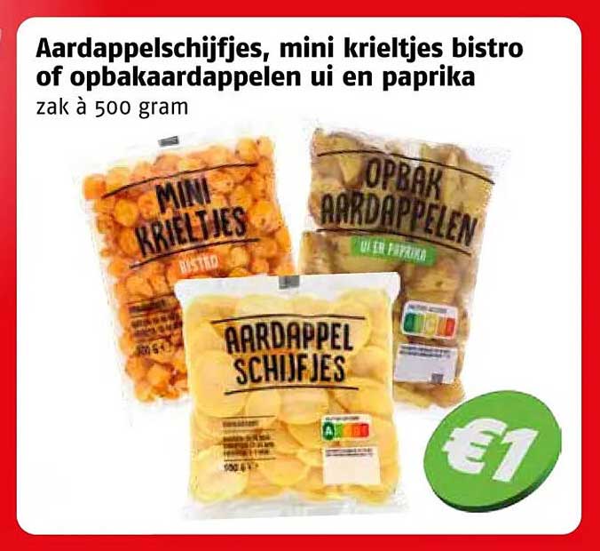 Aardappelschijfjes, mini krieltjes bistro of opbakaardappelen ui en paprika zak à 500 gram