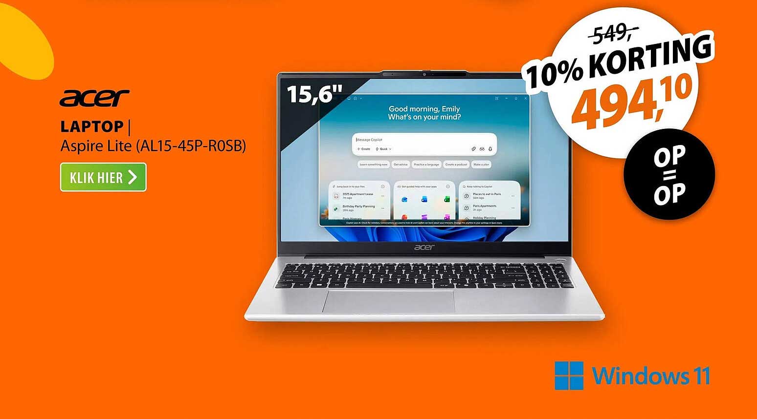 Acer Laptop Aspire Lite (AL15-45P-ROSB) 10% KORTING