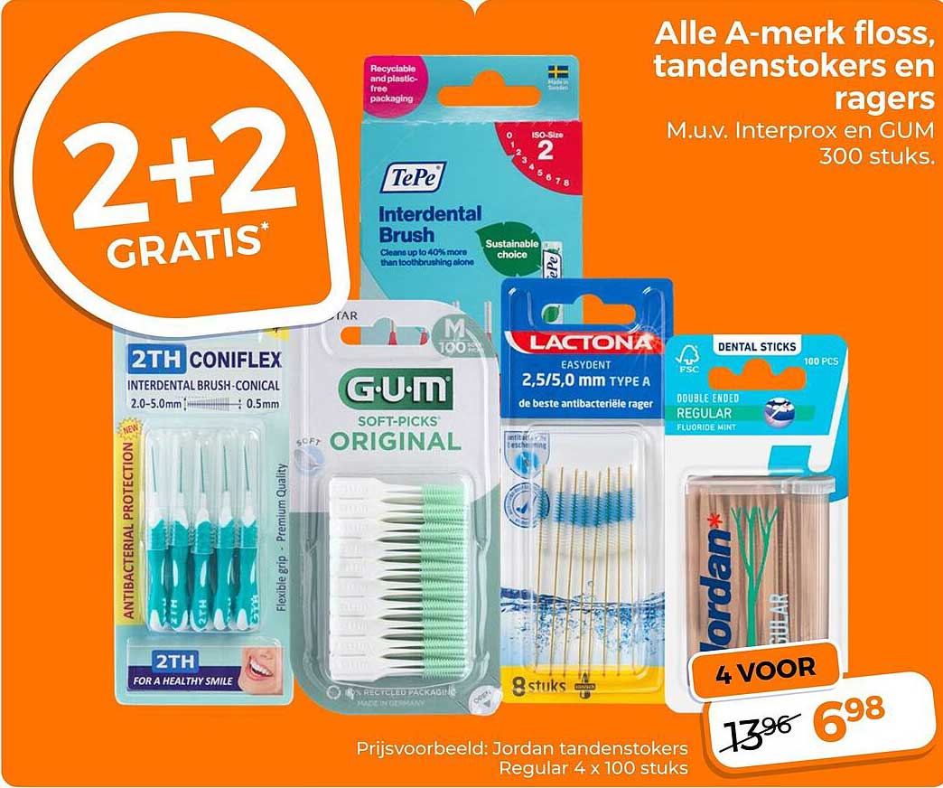 Alle A-merk floss, tandenstokers en ragers 2+2 gratis