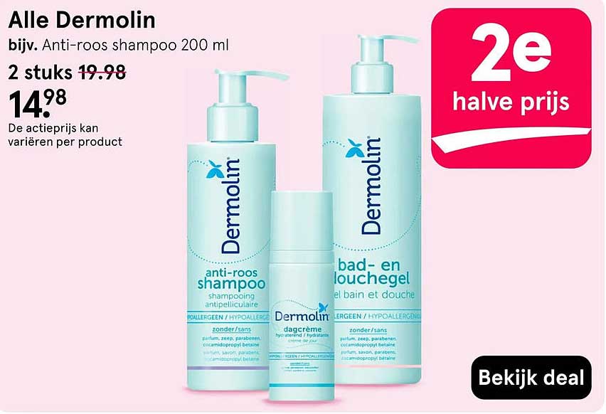 Alle Dermolin bijv. Anti-roos shampoo 200 ml 2e halve prijs