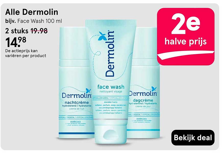 Alle Dermolin bijv. Face Wash 100 ml 2e halve prijs