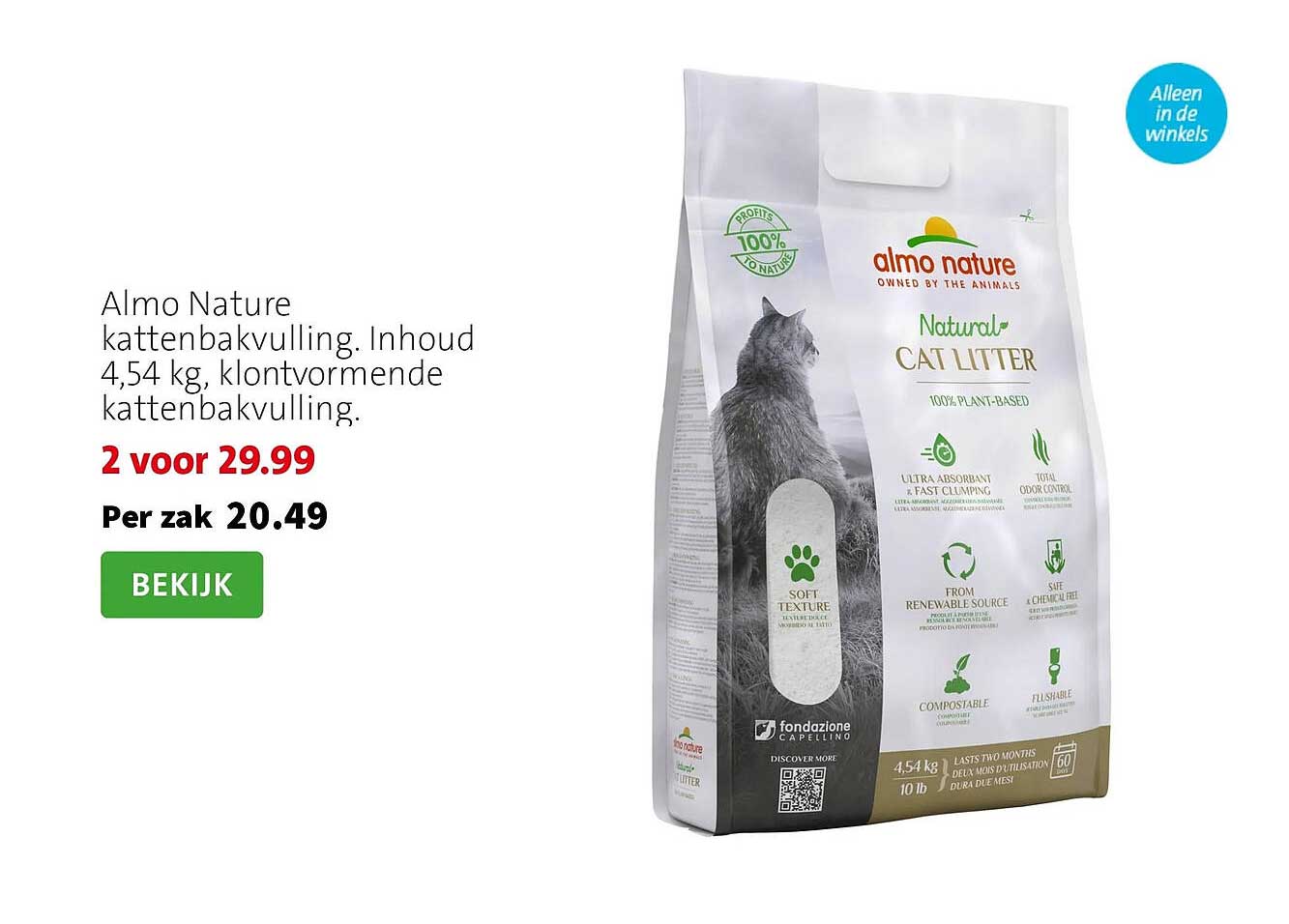 Almo Nature kattenbakvulling. Inhoud 4,54 kg, klontvormende kattenbakvulling. 2 voor 29.99