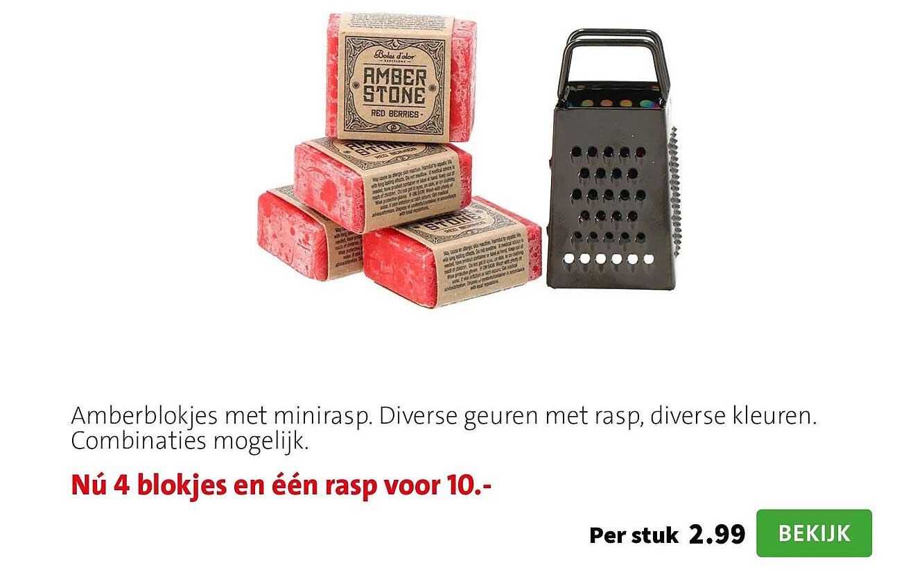 Amberblokjes met minirasp. Diverse geuren met rasp, diverse kleuren. Combinaties mogelijk. Nù 4 blokjes en één rasp voor 10.-