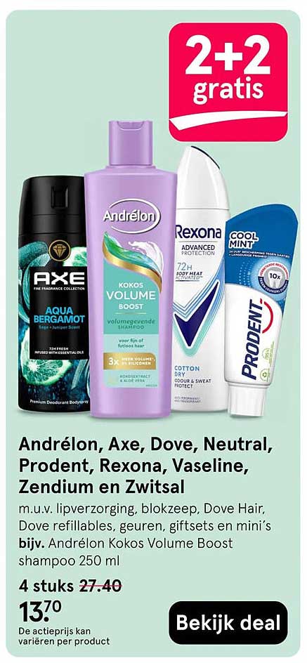 Andrélon, Axe, Dove, Neutral, Prodent, Rexona, Vaseline, Zendium en Zwitsal 2+2 gratis