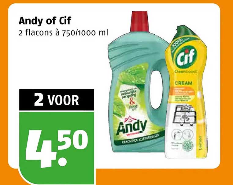 Andy of Cif 2 flacons à 750/1000 ml 2 voor 4,50