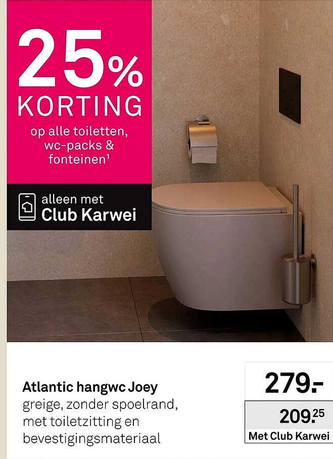 Atlantic hangwc Joey greige, zonder spoelrand, met toiletzitting en bevestigingsmateriaal 25% KORTING alleen met Club Karwei
