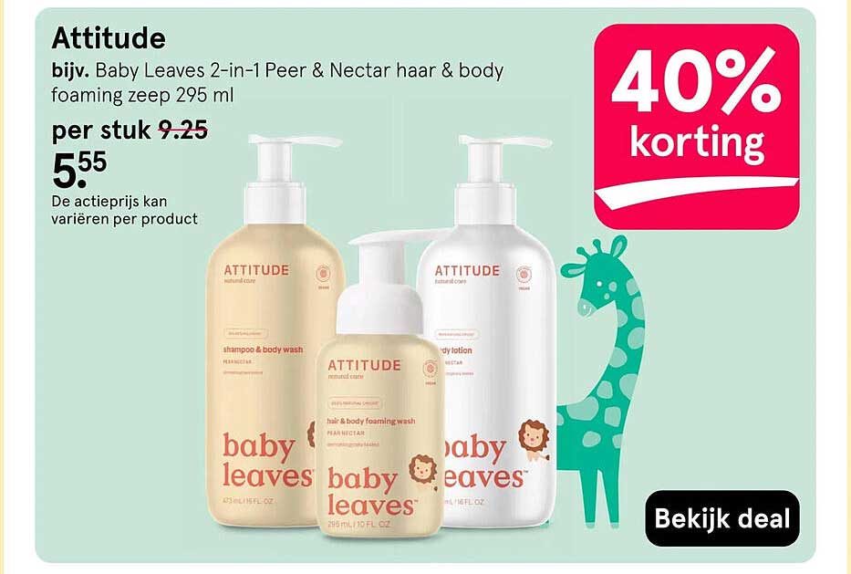 Attitude bijv. Baby Leaves 2-in-1 Peer & Nectar haar & body foaming zeep 295 ml 40% korting
